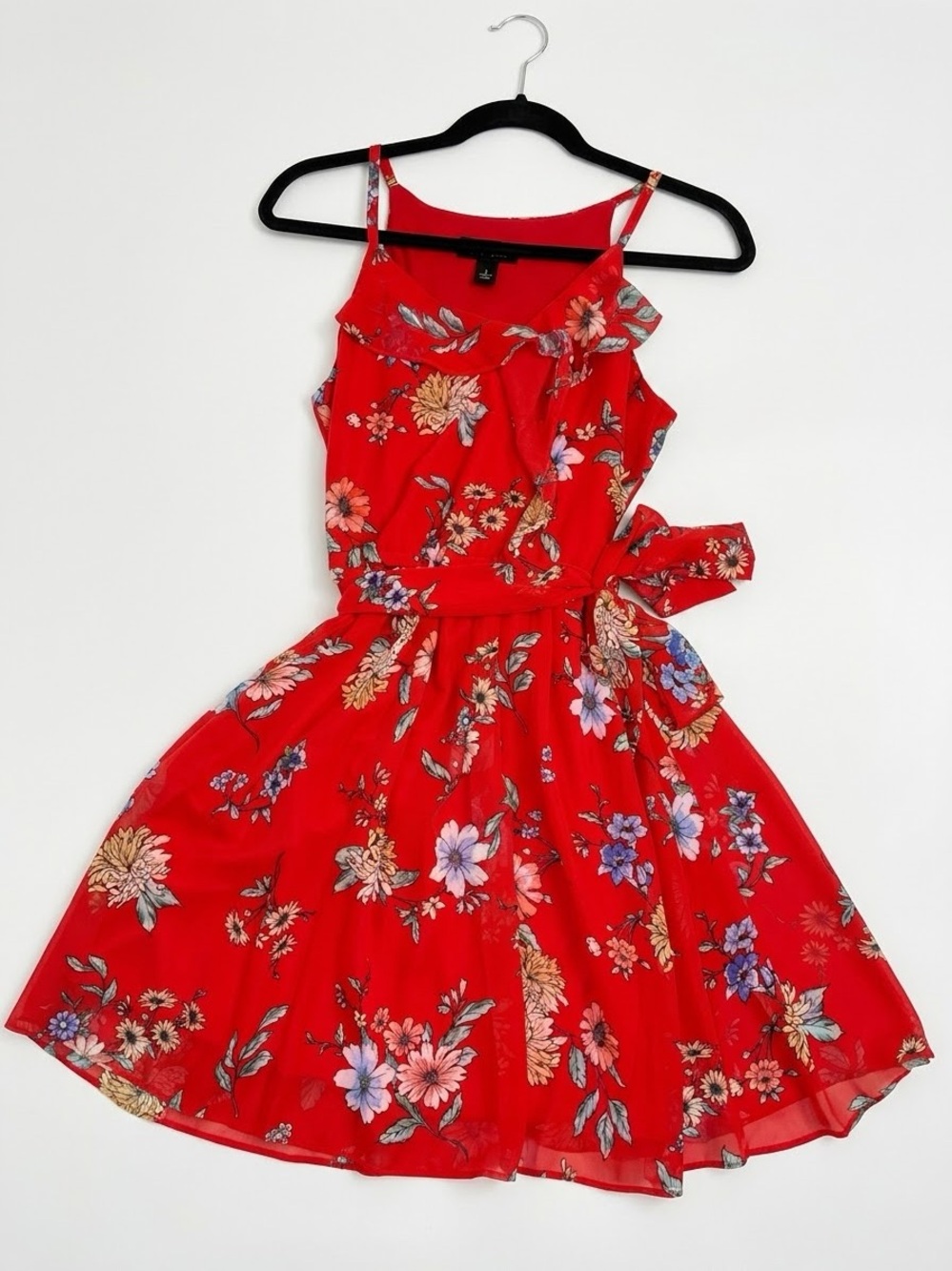 BCX Dress Red Floral Faux Wrap Mini Dress with Ruffle Details Size Small